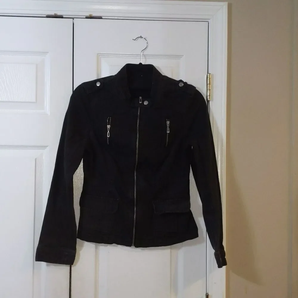 Ambition black full zipper pocket moto jean jacket